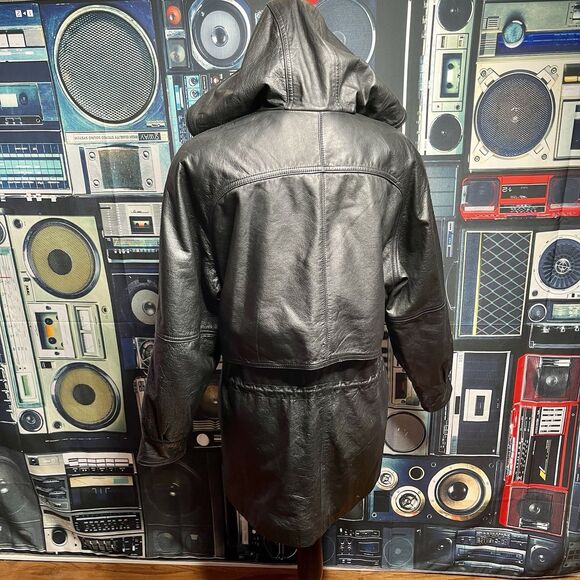 BLUELINE & COMPANY Vintage Black Leather Short Trench Jacket Hooded Women Small - Picture 4 of 16